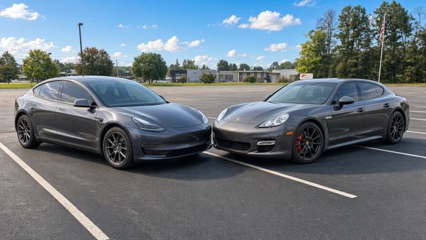 Dark gray Tesla Model 3 and dark gray Porsche Panamera parked side by side
